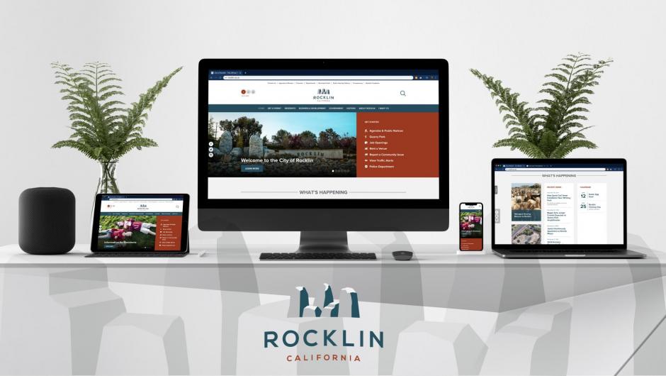 Mockup of the new Rocklin homepage, showing several computer and mobile devices with screens of the city's new home page.